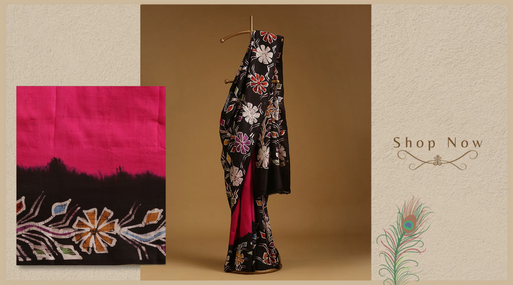 Handloom_Pink_And_Black_Pure_Mulberry_Silk_Hand_Batik_Saree_With_Multicolor_Motifs_WeaverStory