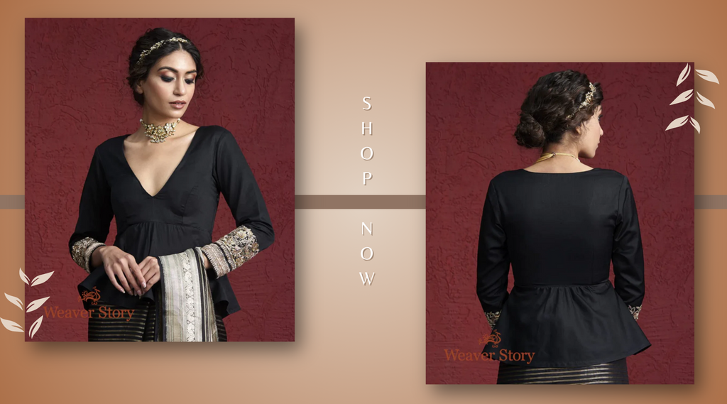 Black_Pure_Silk_Blouse_with_Zardozi_Embroidered_Sleeves_WeaverStory