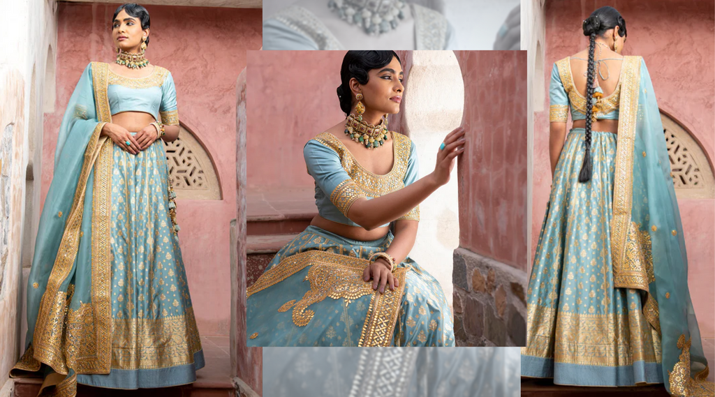 Gorgeous Two-tone Red and Orange Banarasi Lehenga Choli