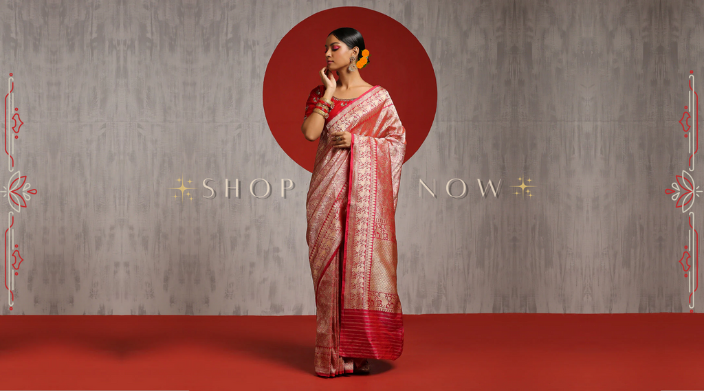 Pink_Handloom_Brocade_Katan_Silk_Shikargah_Banarasi_Saree_With_Lion_Border