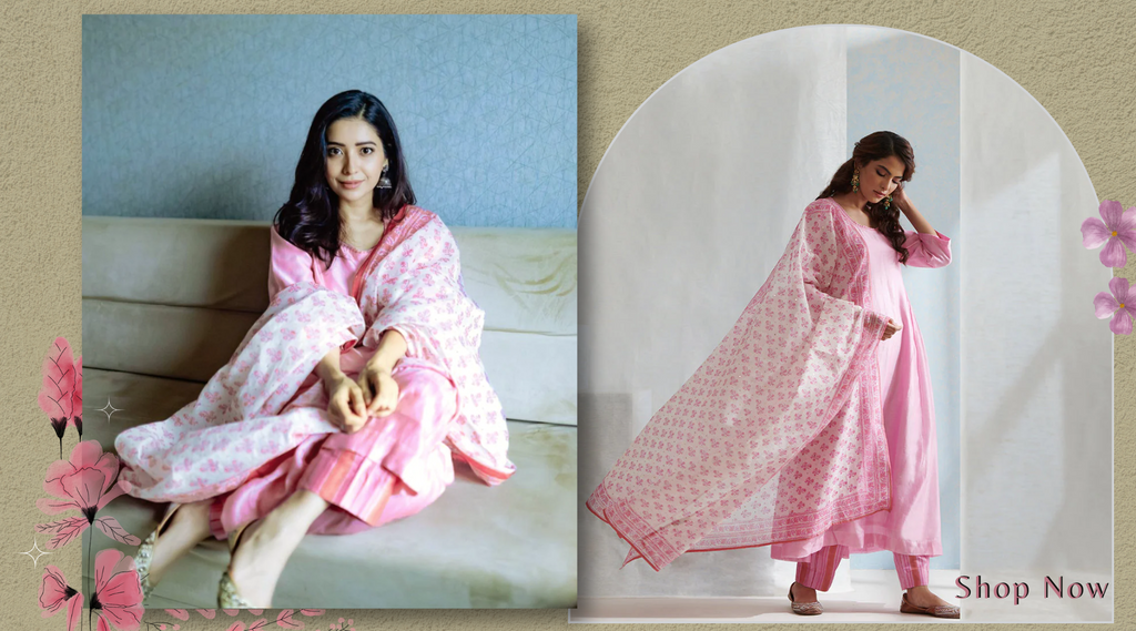 Pink_Handloom_Chanderi_Kurta_Set_with_Pants_And_Block_Printed_Dupatta_WeaverStory