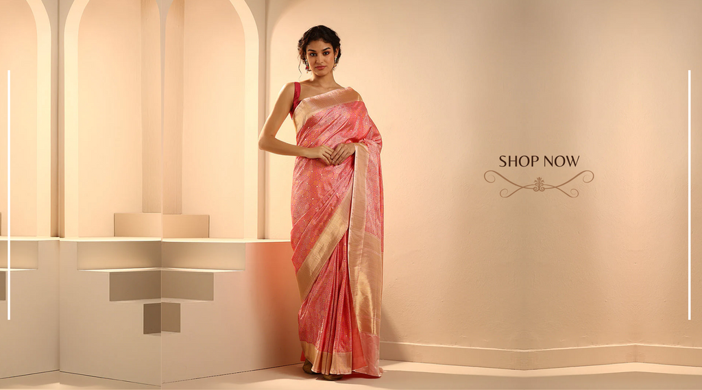 Pink_Handloom_Dual_Tone_Pure_Mashroo_Silk_Tanchoi_Banarasi_Saree_With_Chevron_Border_WeaverStory