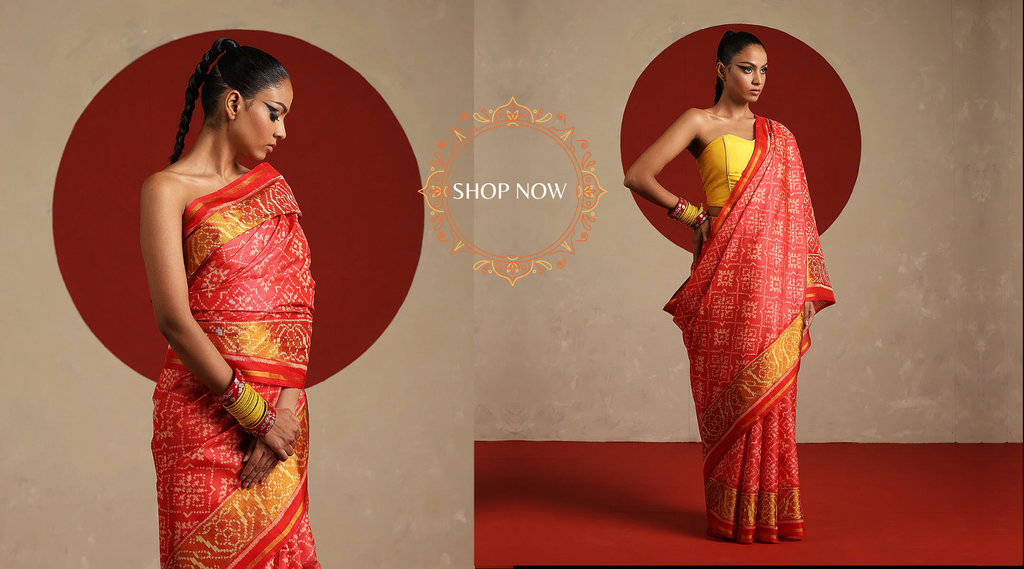 Red_And_Mustard_Double_Shade_Handloom_Pure_Mulberry_Silk_Ikat_Patola_Saree_WeaverStory