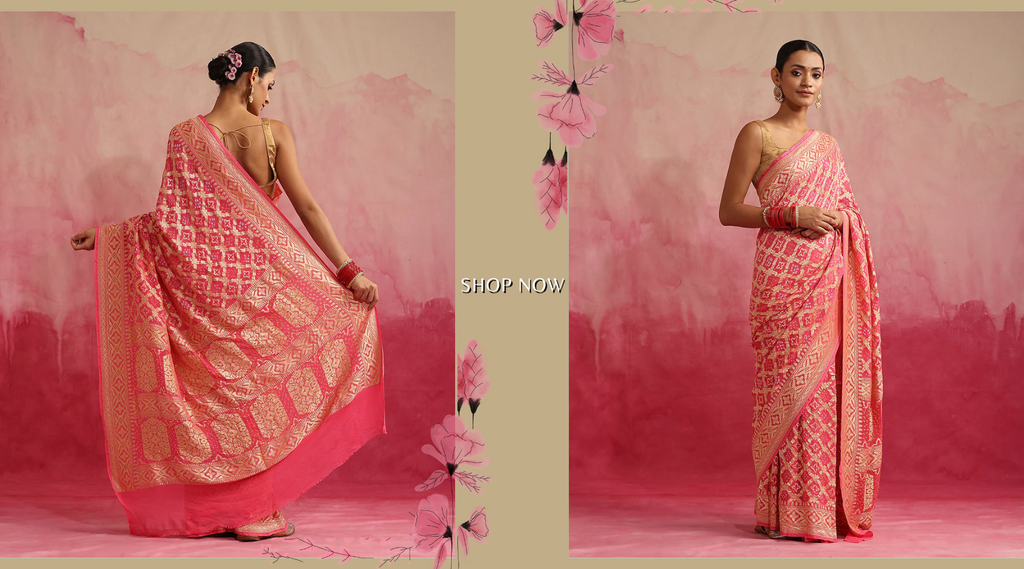 Handloom_Pink_Pure_Georgette_Banarasi_Bandhej_Saree_With_Zari_Jaal_WeaverStory