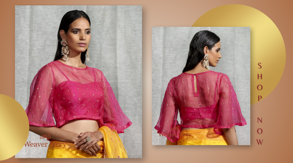 Hot_Pink_Organza_Blouse_with_Sequins_Embroidery_and_Raw_Silk_Inner_WeaverStory