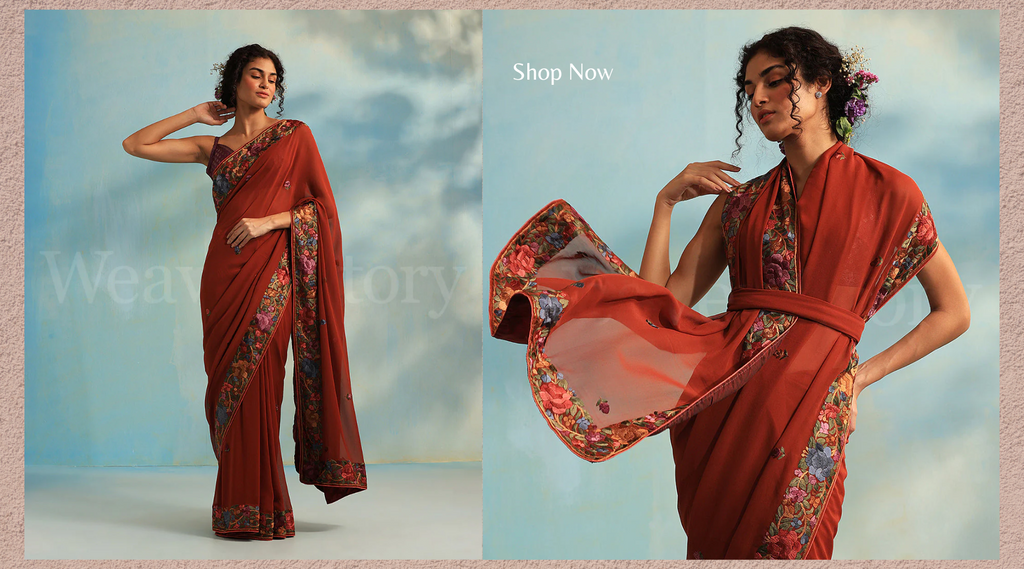 Brown_Hand_Embroidered_Georgette_Parsi_Gara_Saree_With_All_Over_Booties_WeaverStory