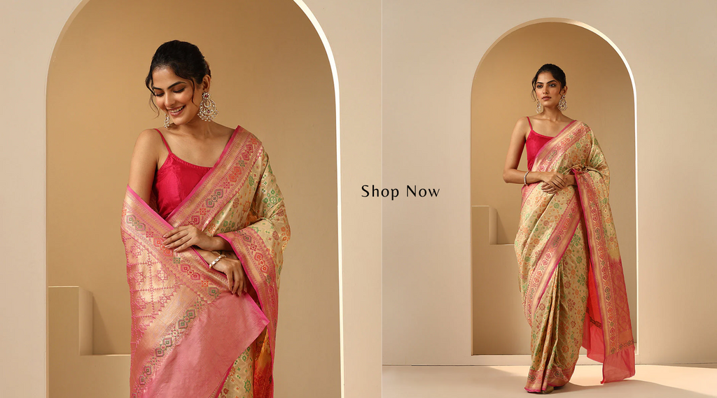 Handloom Offwhite Pure Katan Silk Banarasi Patola Saree With Pink Border