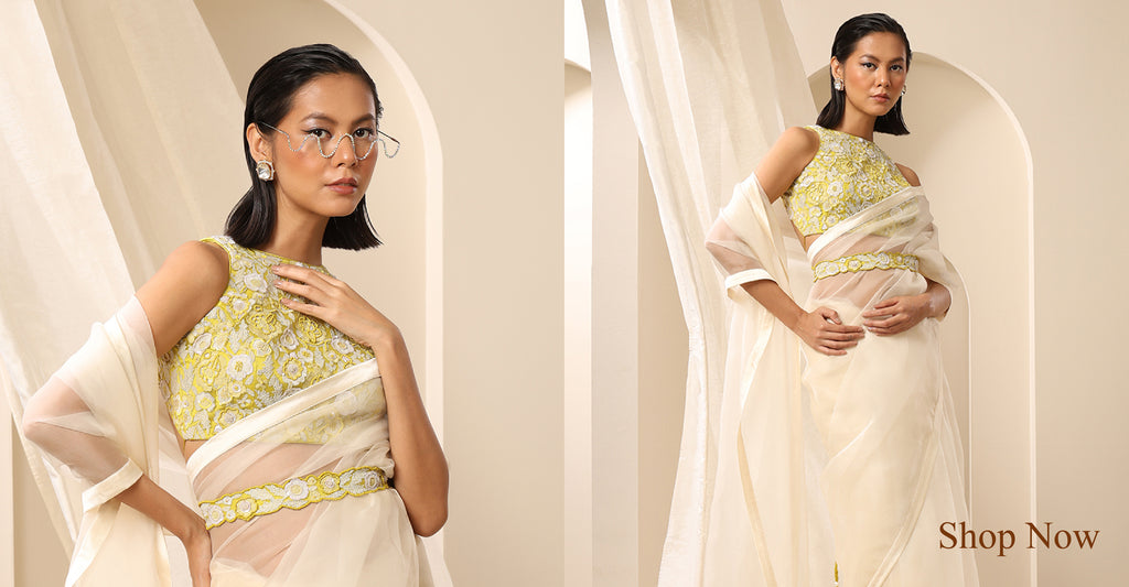 Off_White_Pure_Organza_Saree_With_Satin_Finishing_WeaverStory