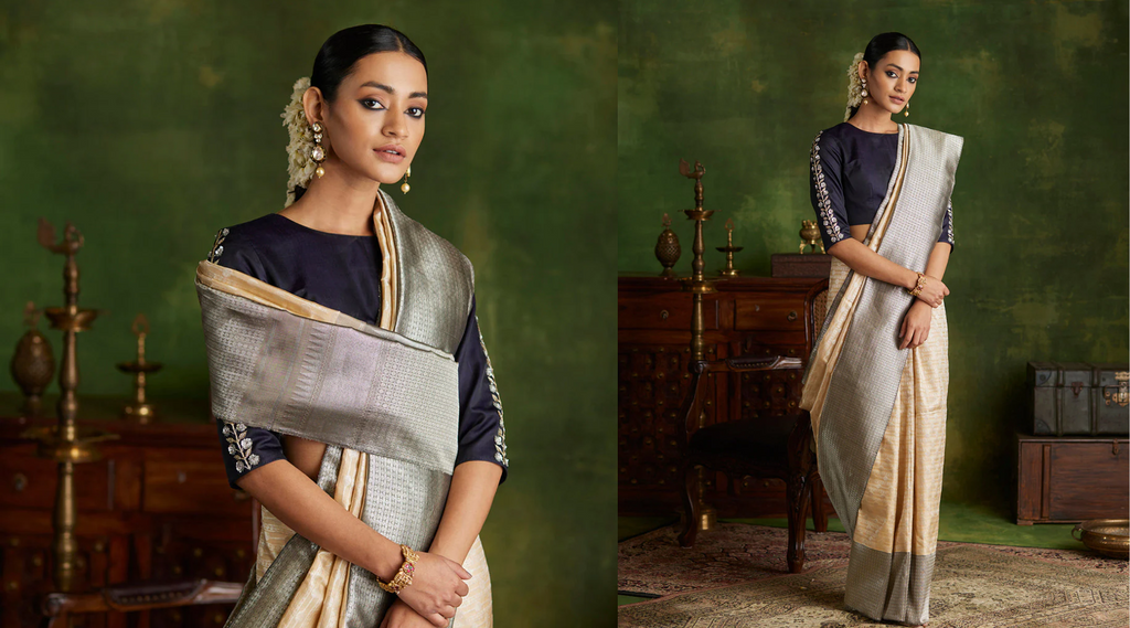 Cream_Handloom_Pure_Silk_Kanjivaram_Saree_With_Grey_Border_WeaverStory