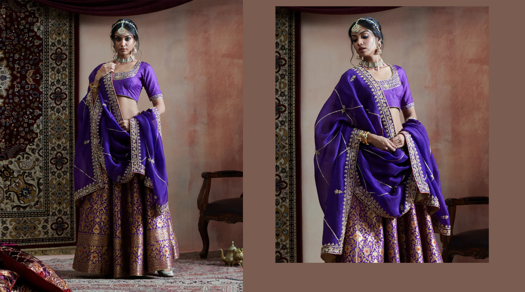 Handloom_Purple_Hand_Embroidered_Pure_Katan_Silk_Banarasi_Bageecha_Lehenga_With_Blouse_And_Organza_Dupatta_WeaverStory