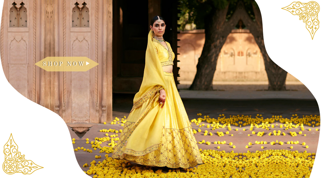 Yellow_Raw_Silk_Embroidered_Lehenga_With_Embroidered_Blouse_And_Organza_Dupatta_WeaverStory