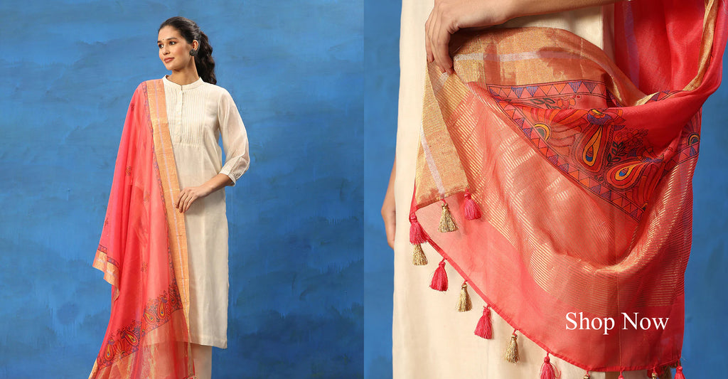 Offwhite_Handloom_Pure_Chanderi_Kurta_Set_With_Madhubani_Hand_Painted_Carrot_Red_Dupatta_WeaverStory