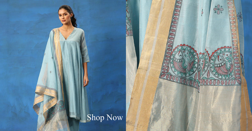 Light_Blue_Handloom_Pure_Chanderi_Kurta_Set_With_Hand_Painted_Madhubani_Dupatta_WeaverStory