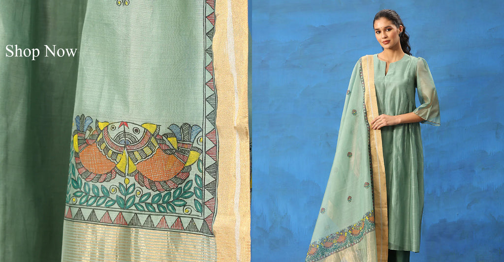 Sage_Green_Handloom_Pure_Chanderi_Kurta_Set_With_Hand_Painted_Madhubani_Dupatta_WeaverStory