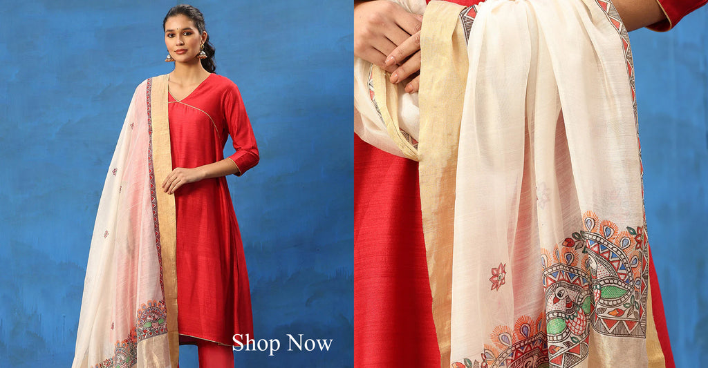 Red_Handloom_Pure_Cotton_Chanderi_Kurta_Set_With_Madhubani_Hand_Painted_Dupatta_WeaverStory