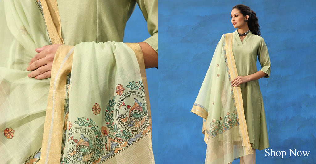 Pista_Green_Handloom_Cotton_Chanderi_Kurta_Set_With_Hand_Painted_Madhubani_Dupatta_WeaverStory