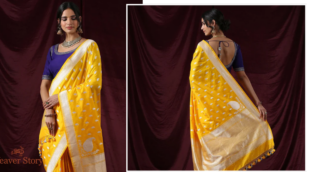 Handloom_Yellow_Kadhwa_Paisley_Booti_Saree_with_Konia_WeaverStory