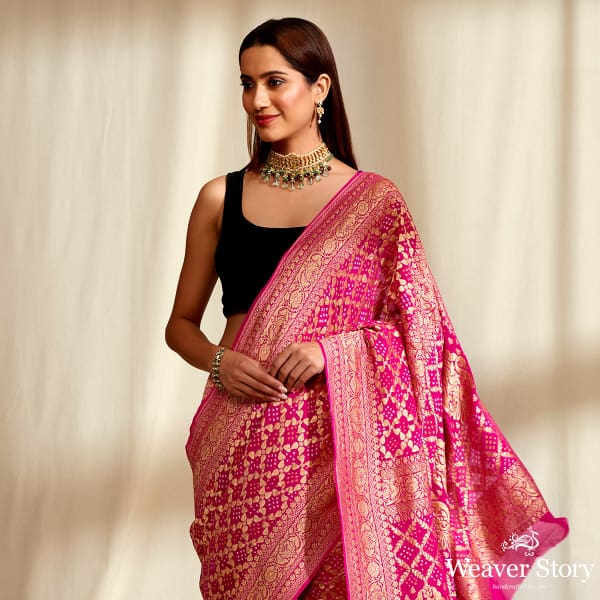 Handwoven Banarasi Bandhej Saree in Pink with Gold Zari Weave ...