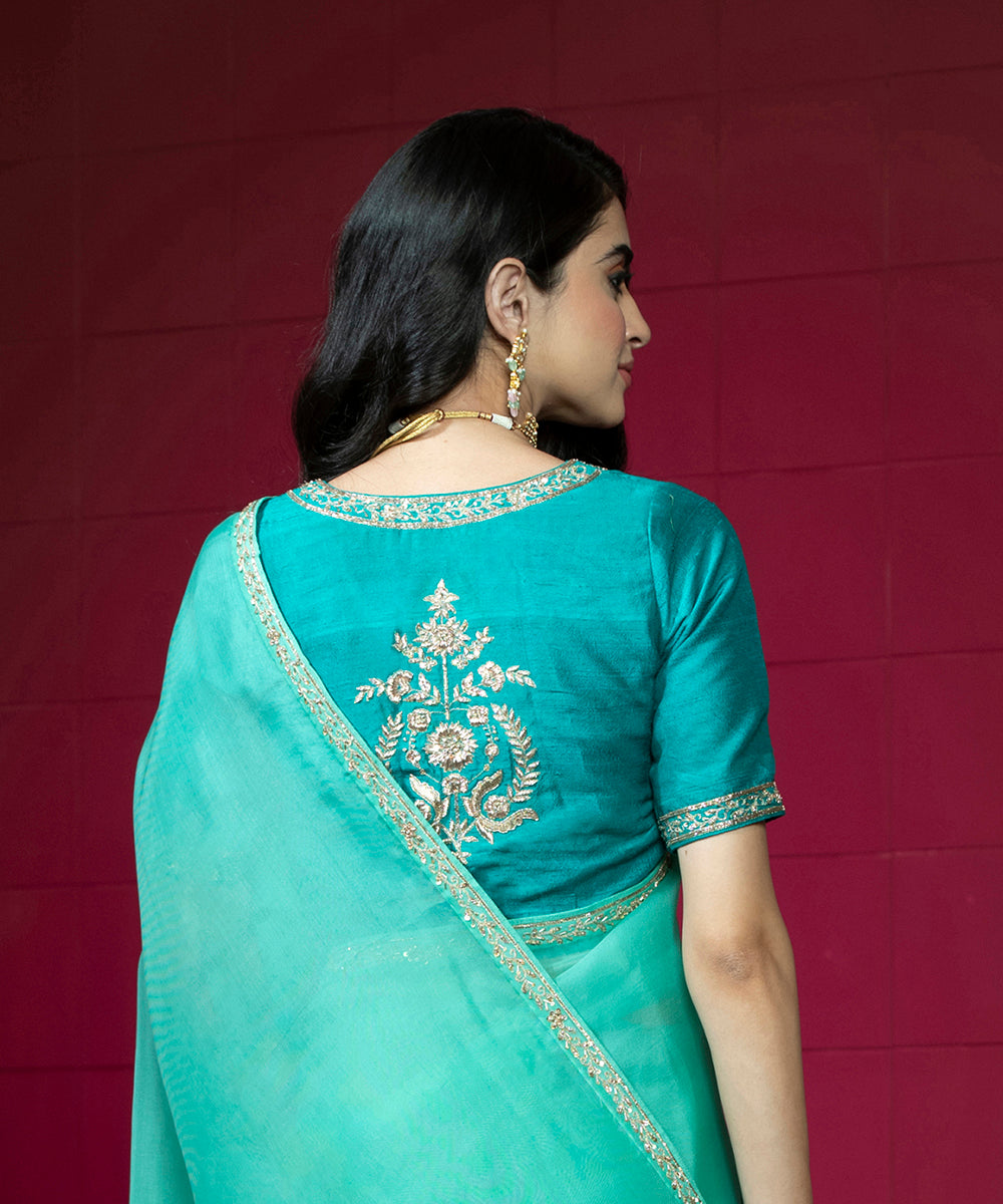 Sea Green Raw Silk Hand Embroidered Blouse With V-Neckline ...