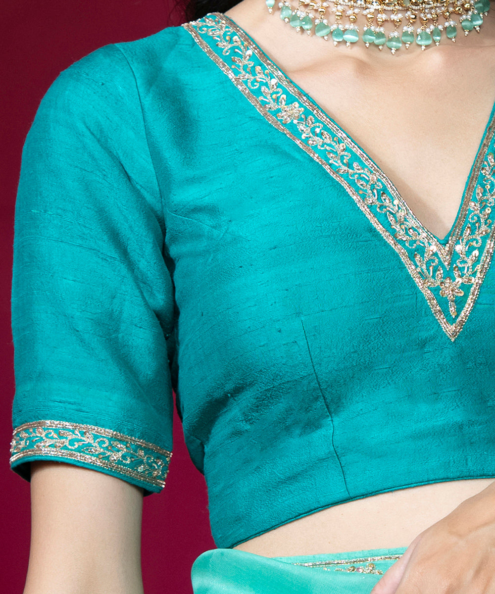 Sea Green Raw Silk Hand Embroidered Blouse With V-Neckline ...