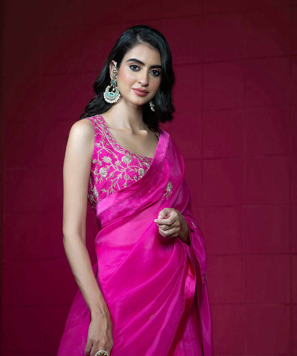 Hot Pink Raw Silk Sleeveless Blouse With Hand Embroidery - WeaverStory