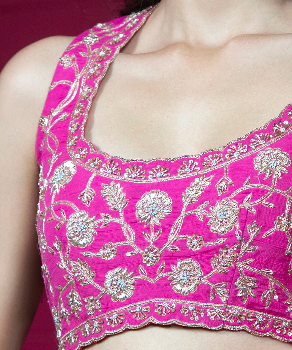 Hot Pink Raw Silk Sleeveless Blouse With Hand Embroidery - WeaverStory