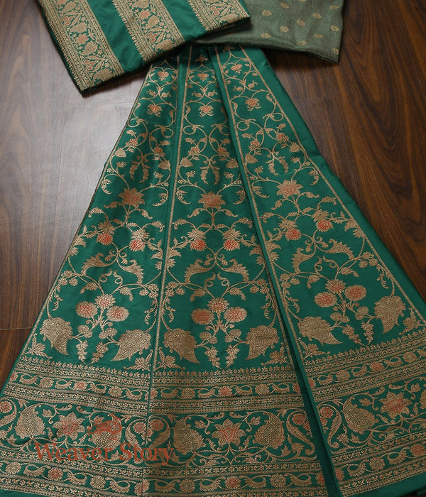 Handloom Katan Silk Green Antique Zari Banarasi Lehenga - WeaverStory