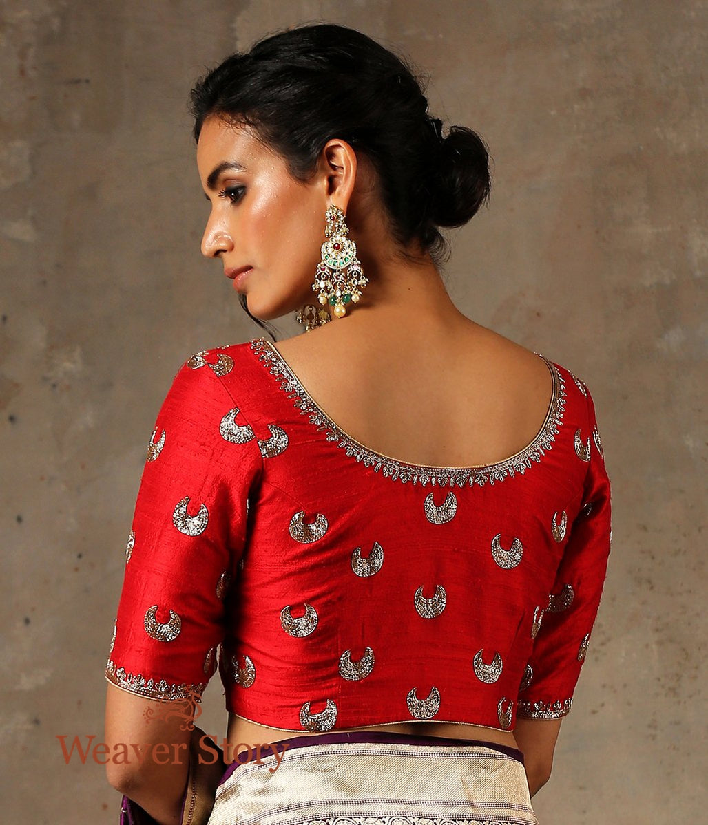 Red Raw Silk Blouse with Chaand Boota Zardozi Embroidery - WeaverStory