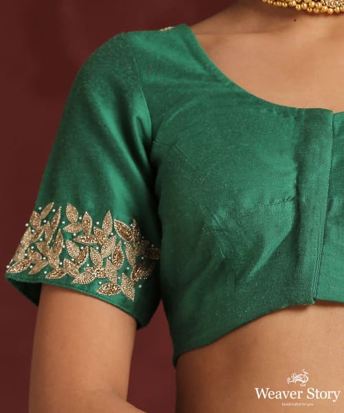 Green Pure Silk Hand Embroidered Aari Zardozi Blouse - WeaverStory