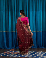 Handloom Maroon and Black Dual Tone Banarasi Silk Saree with Scalloped Meenakari Borders - WeaverStory