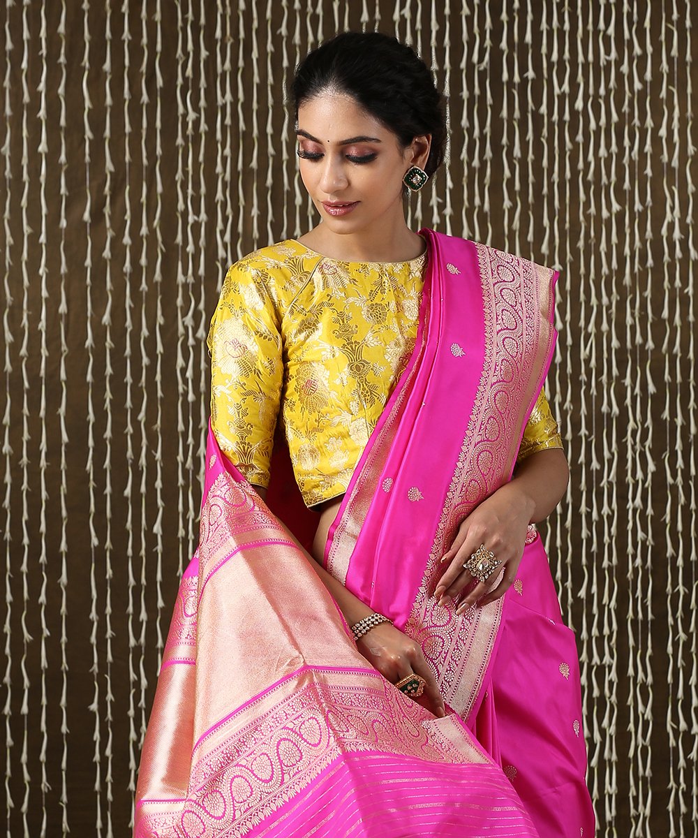 Handloom Hot Pink Kadhwa Banarasi Saree With Gold And Silver Zari and ...