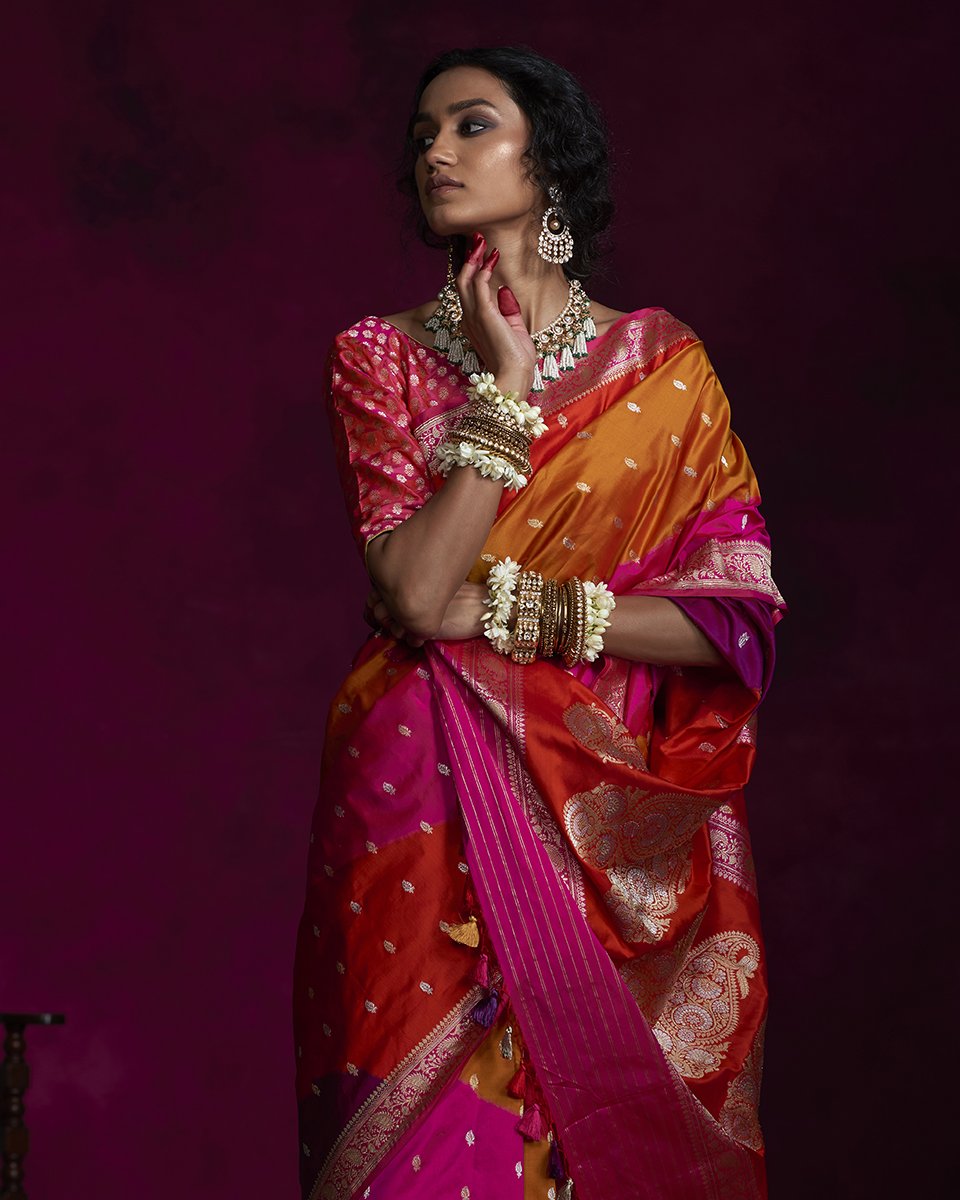 Handloom Red Rangkaat Katan Silk Banarasi Saree with Ambi Pallu ...