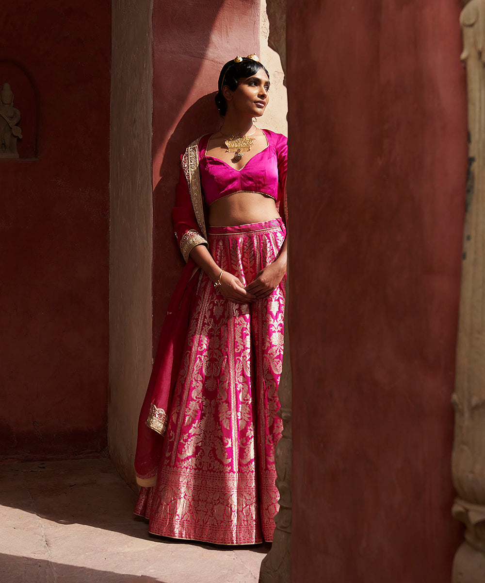 Pink Meharaab Jaal Handloom Pure Katan Silk Banarasi Lehenga with Orga -  WeaverStory