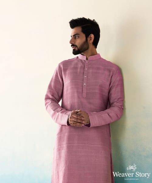 Light Pink Raw Silk Mens Kurta Churidar set - WeaverStory