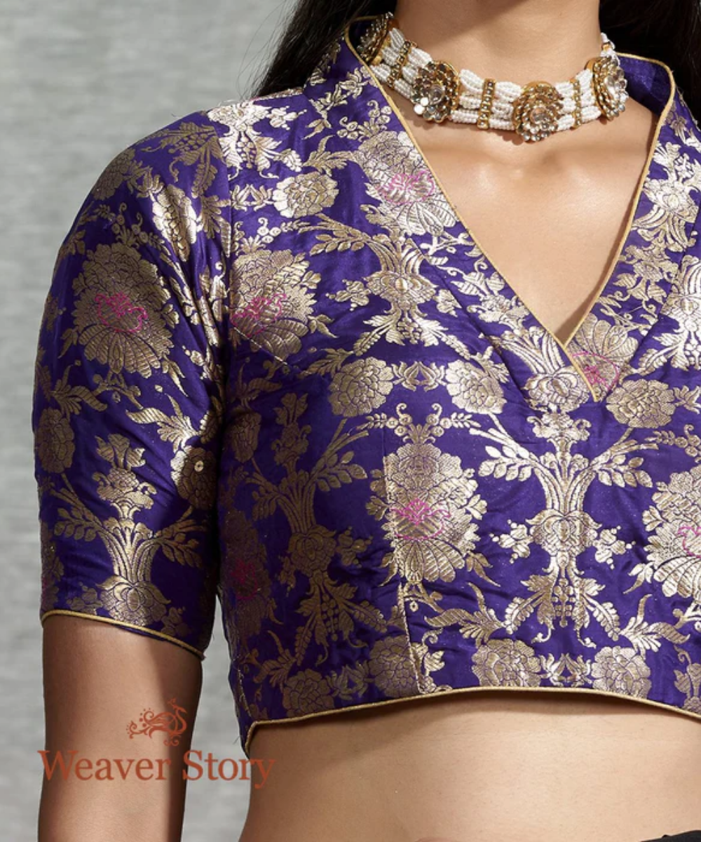 Purple Banarasi Brocade Blouse with Collar Neck - WeaverStory