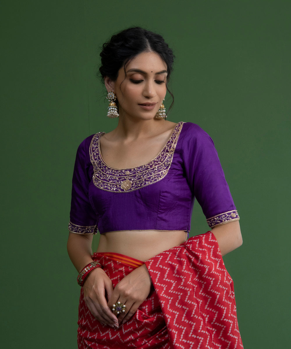 Handloom Purple Raw Silk Blouse with Chaand Design on Neckline ...