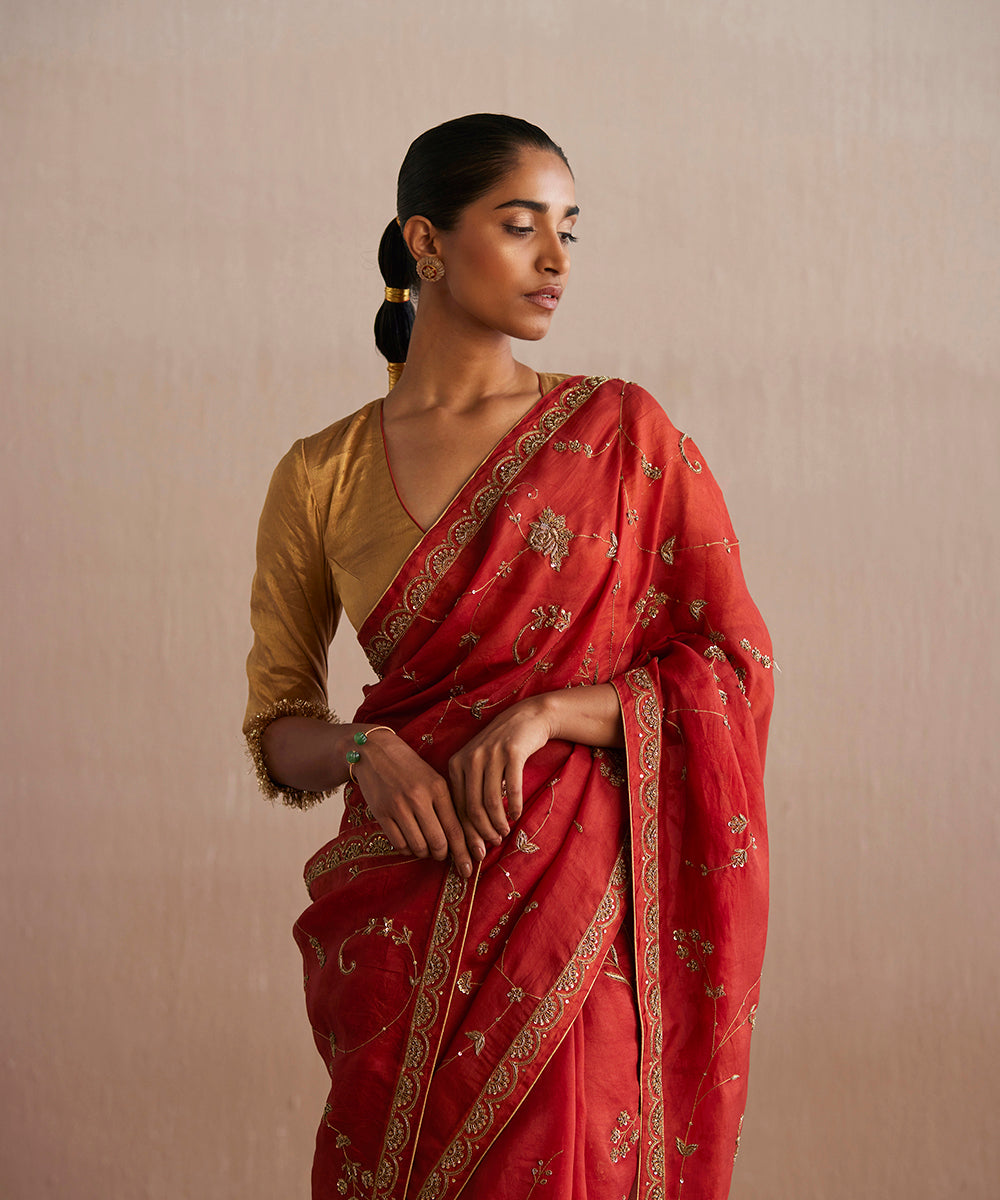 Blood Red- Gold Zardozi Hand Embroidered Pure Silk Saree – Talking