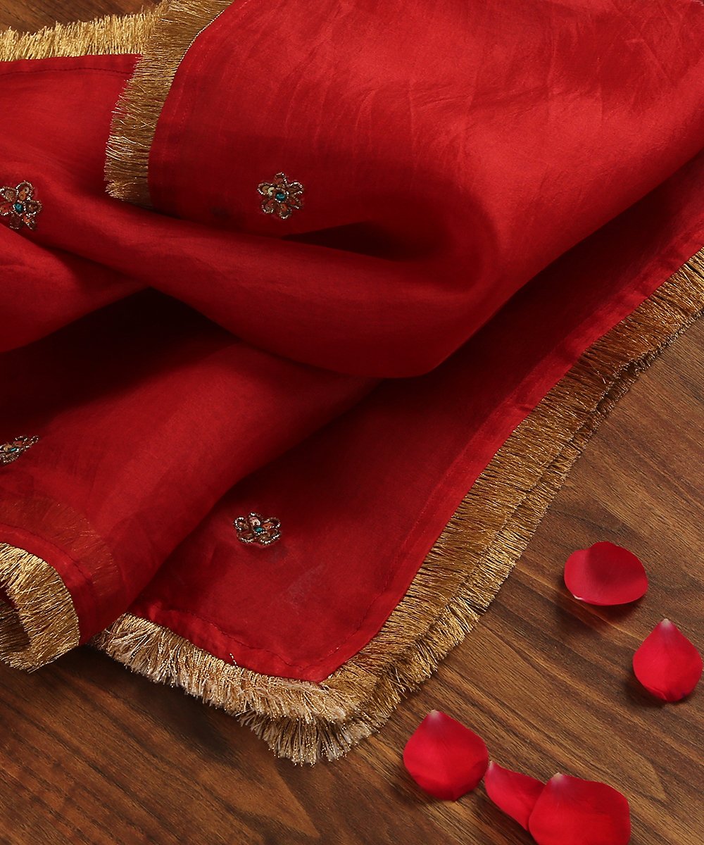 Red Handloom Organza Dupatta with Hand Embroidered Zardozi Motifs ...
