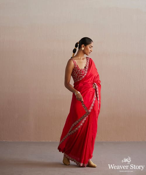 Silk Sarees : Magento red booming silk ready to wear saree