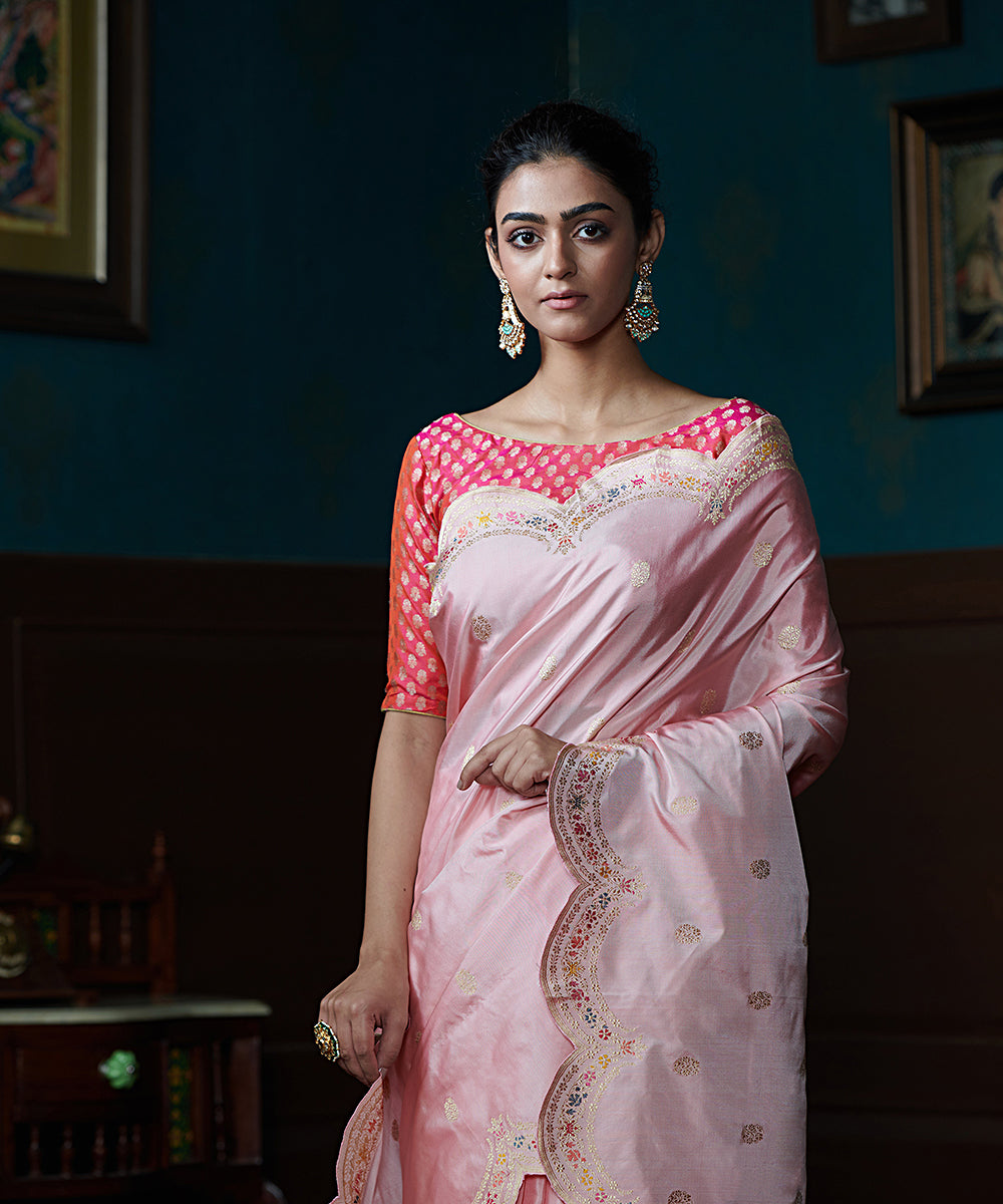 Handloom Powder Pink Pure Katan Silk Banarasi Saree With Scalloped Mee ...