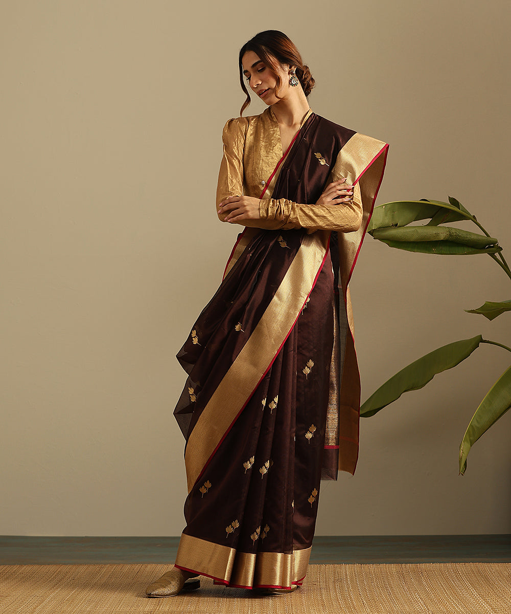 Tissue Golden Dark Brown & Black Tinge Maheshwari silk saree with Contrast  Red Zari Border