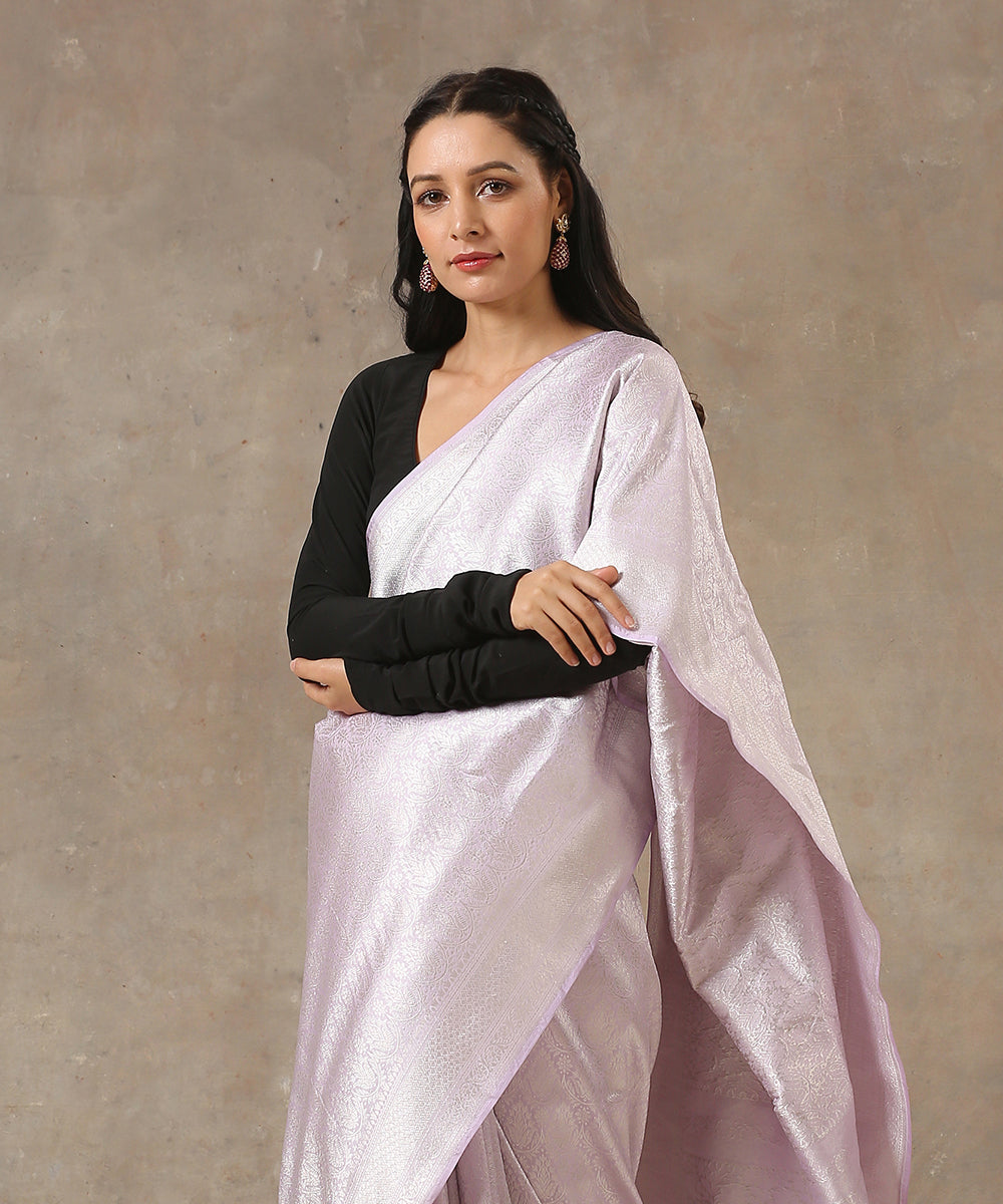 Lavender Handloom Pure Katan Silk Kimkhab Banarasi Saree with Silver Z ...