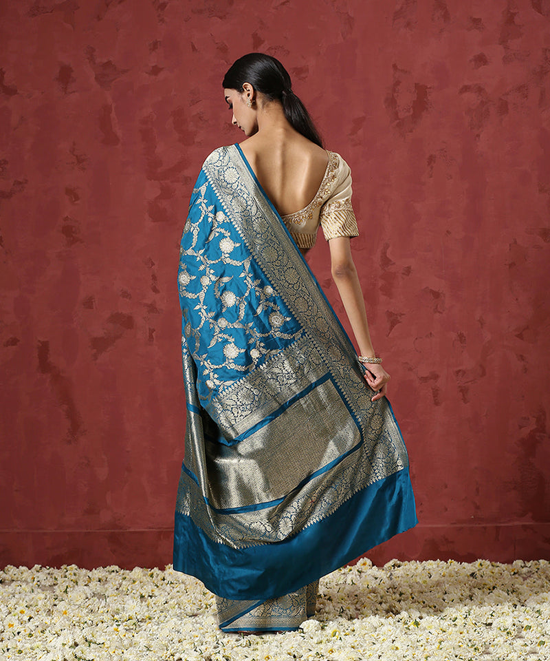 Teal Handloom Pure Katan Silk Jangla Banarasi Saree with Kadhwa Weave