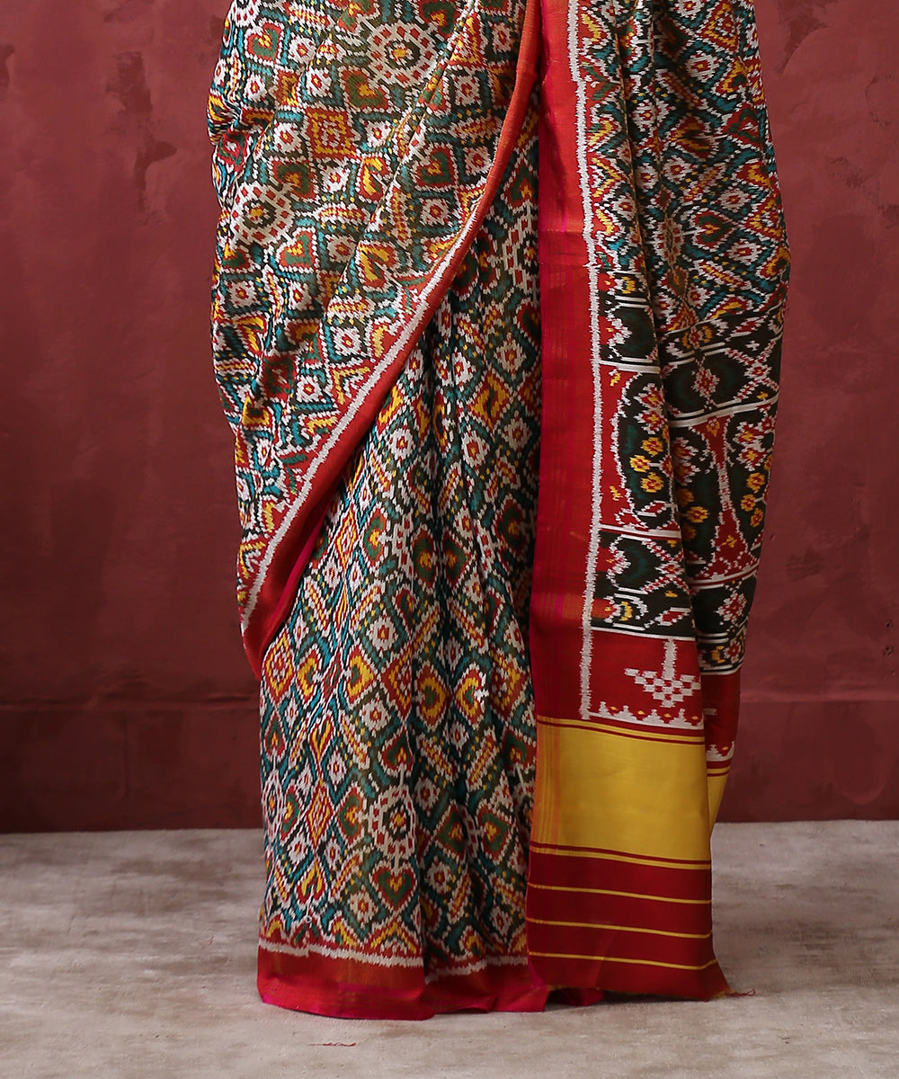 Handloom Green And Maroon Twill Tissue Silk Patola Saree - WeaverStory