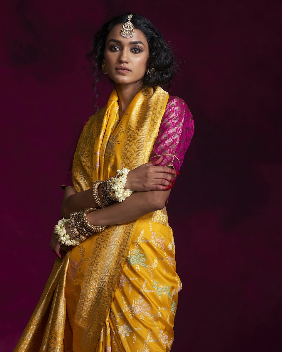 Yellow Handloom Meenakari Banarasi Saree with Jangla Design All over ...
