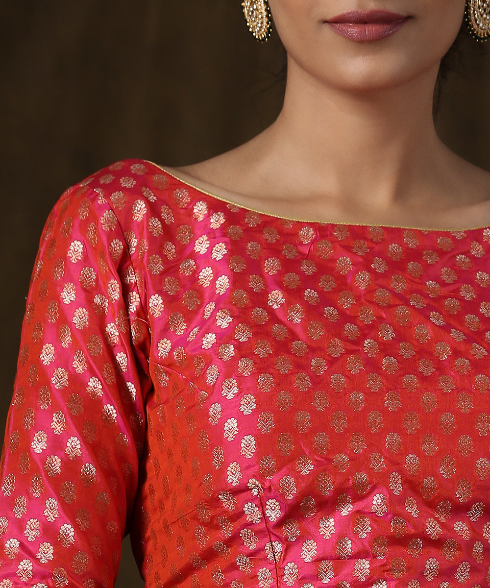 Pink Pure Katan Silk Banarasi Booti Blouse with Boat Neck ...