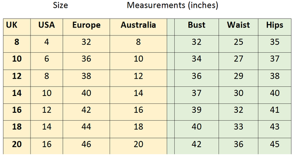 Dress Measurement Chart Uk