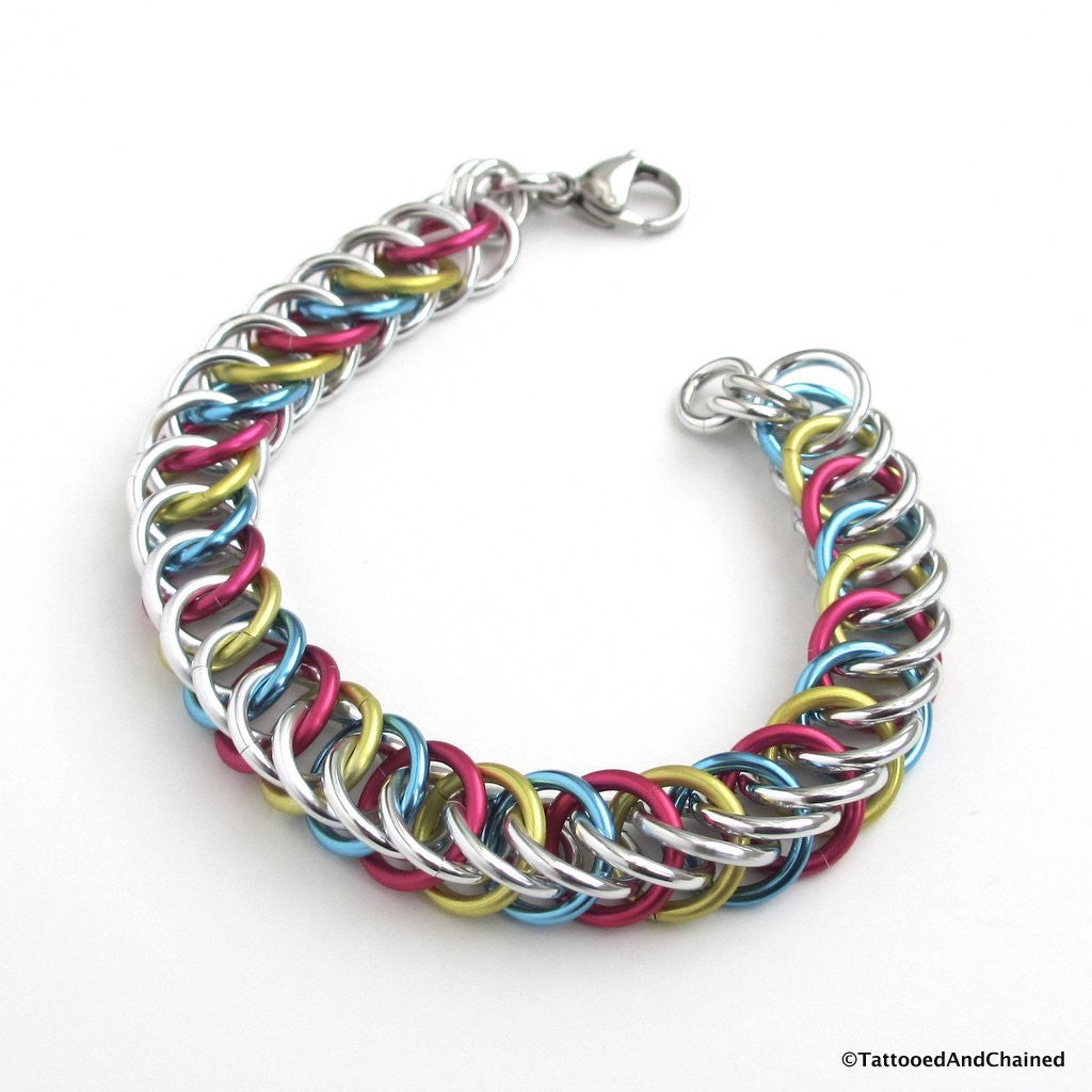 Pansexual pride bracelet, chainmaille half Persian 4 in 1 weave