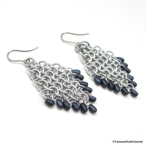 Beaded diamond shaped chainmaille earrings, Euro 4 in 1 weave - Tattooed and Chained Chainmaille
 - 5