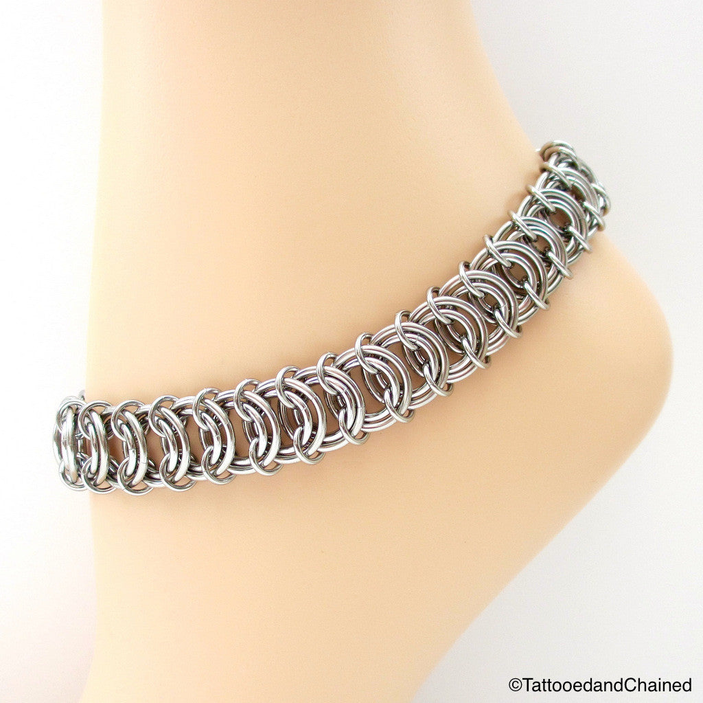 Stainless steel anklet, chainmaille vertebrae weave – Tattooed and